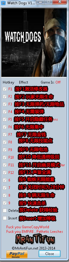 看门狗修改器v1.0_看门狗十八项修改器 v1.0 MrAntiFun版-开心电玩